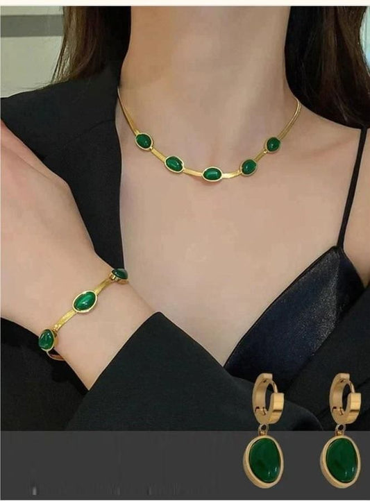Green Crystal Necklace Set for Women | Stainless Steel Oval Pendant Jewellery Set with Bracelet